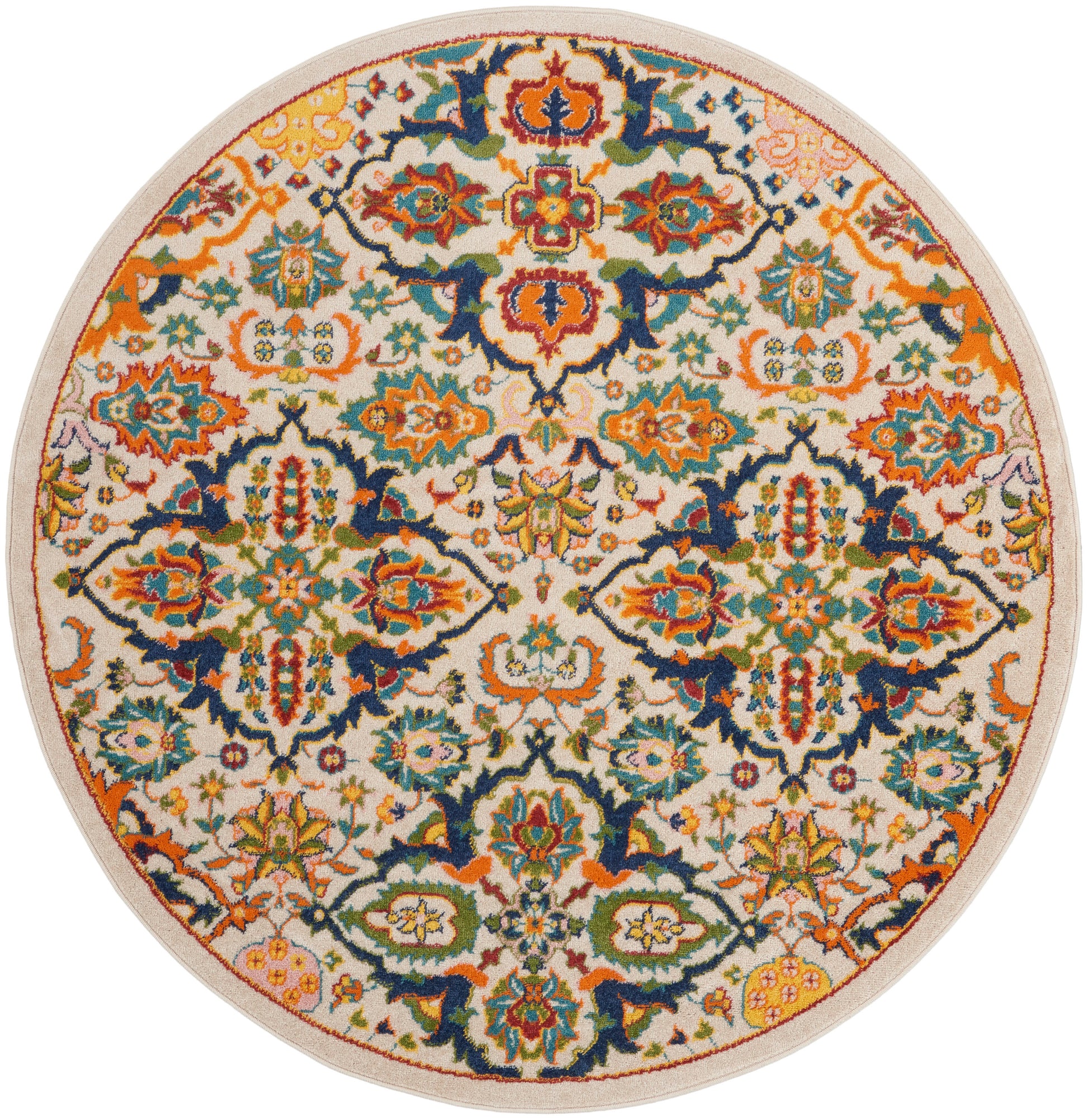 Round Persian-style area rug with vibrant orange, blue, teal, green floral medallions on ivory with a beige border.