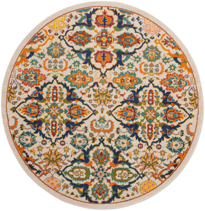 Round Persian-style area rug with vibrant orange, blue, teal, green floral medallions on ivory with a beige border.