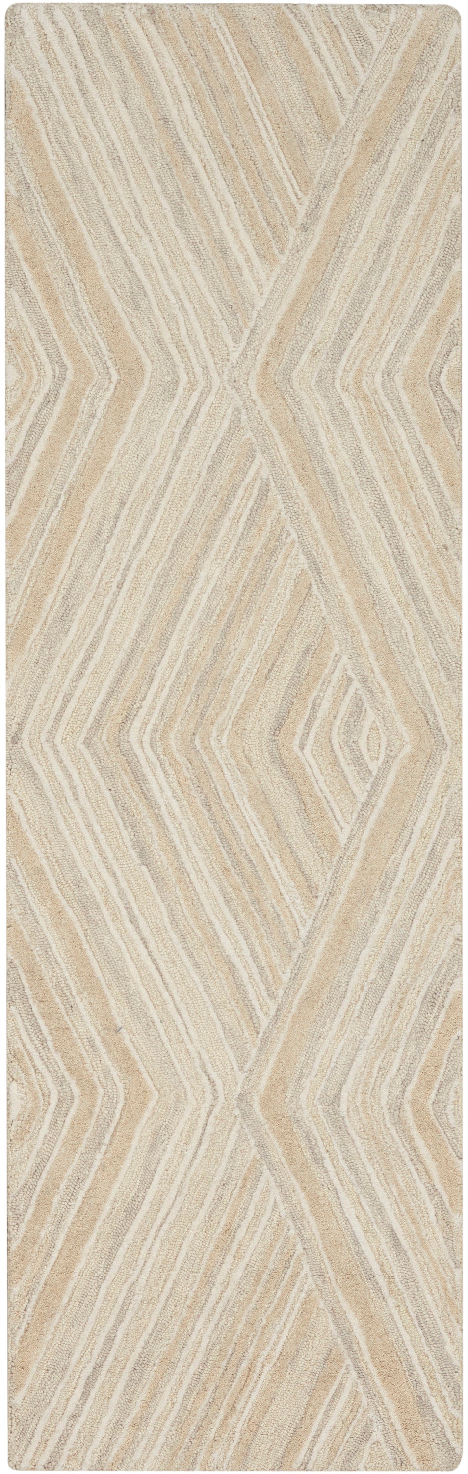 Beige geometric runner rug with ivory chevron/diamond texture and plush pile.