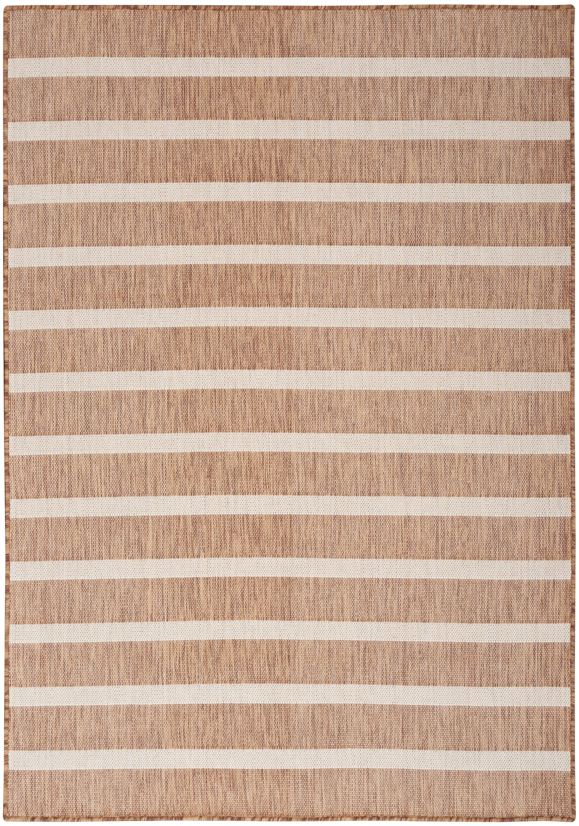 Beige woven area rug with evenly spaced ivory horizontal stripes.