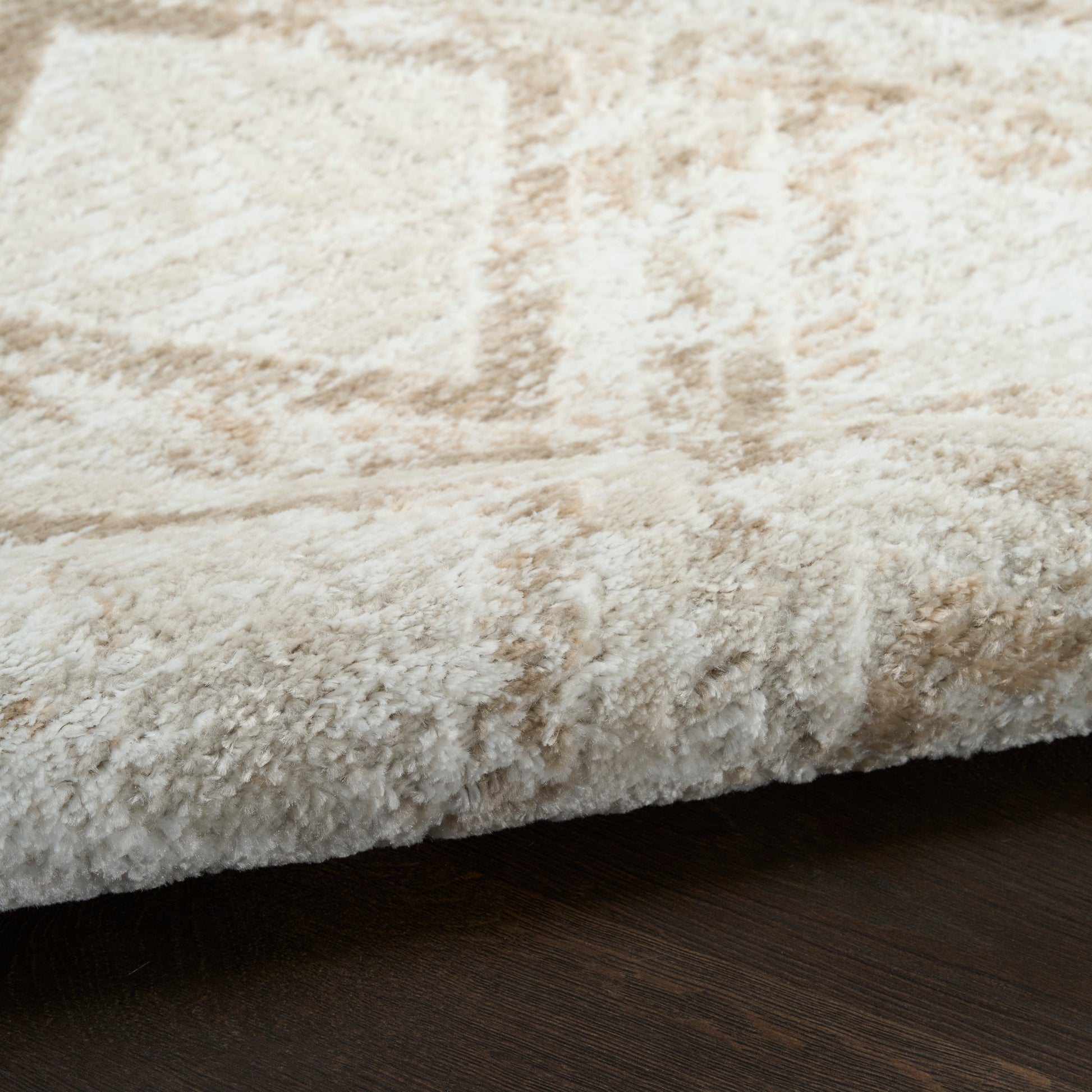 Cream shag rug with plush pile on dark wood floor; soft, cozy texture with modern casual style.