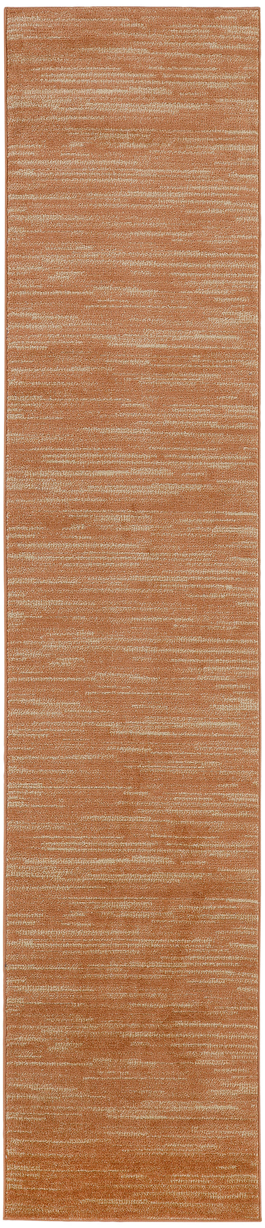 Long narrow orange textured outdoor runner rug with beige heathered streaks.