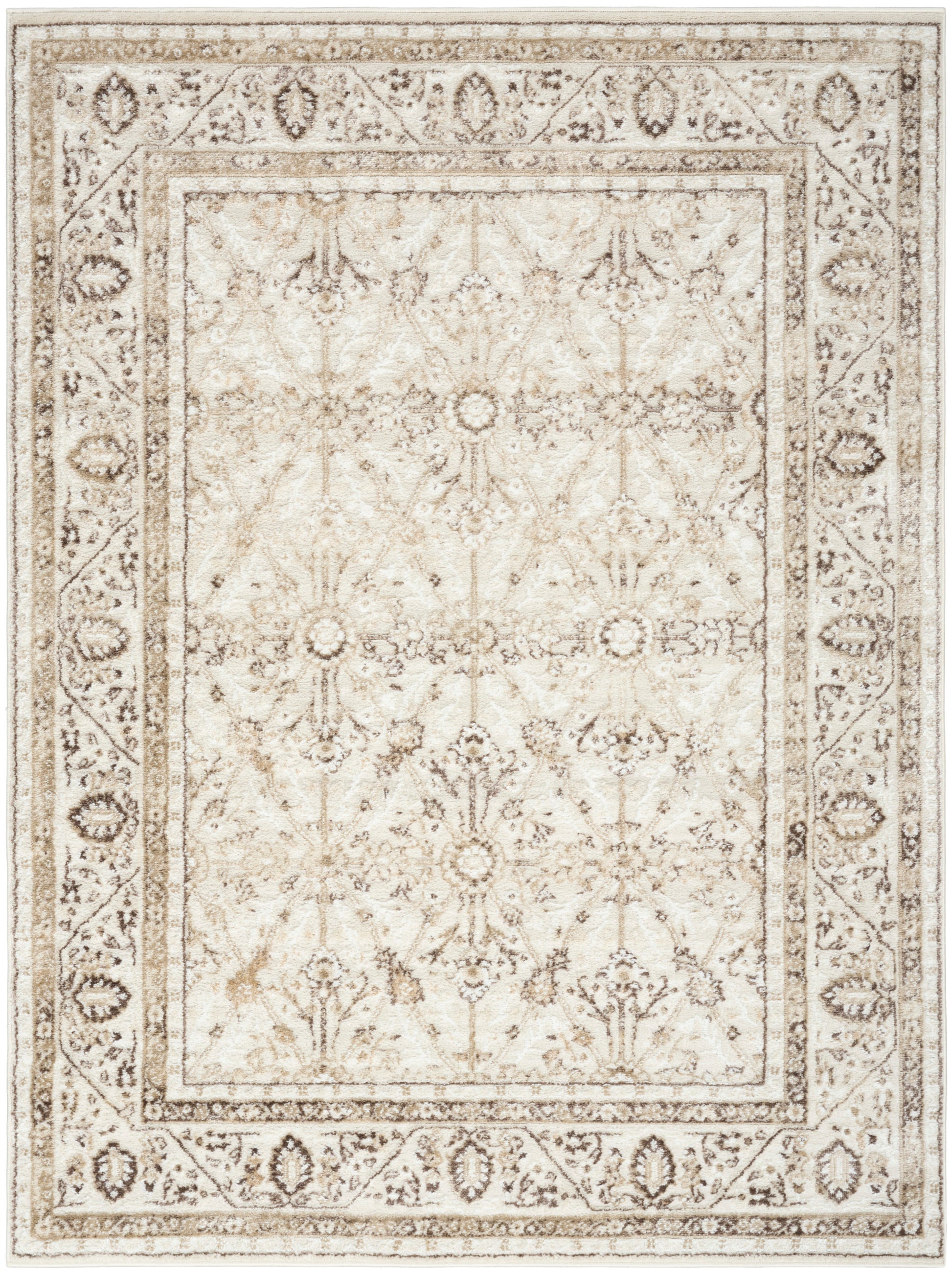 Neutral beige Persian-style area rug with an intricate border and subtle floral motifs, 4' x 6'.