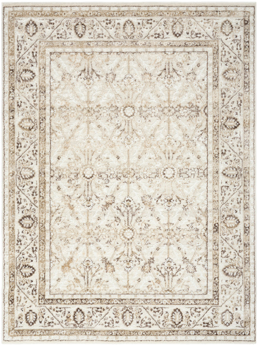 Neutral beige Persian-style area rug with an intricate border and subtle floral motifs, 4' x 6'.