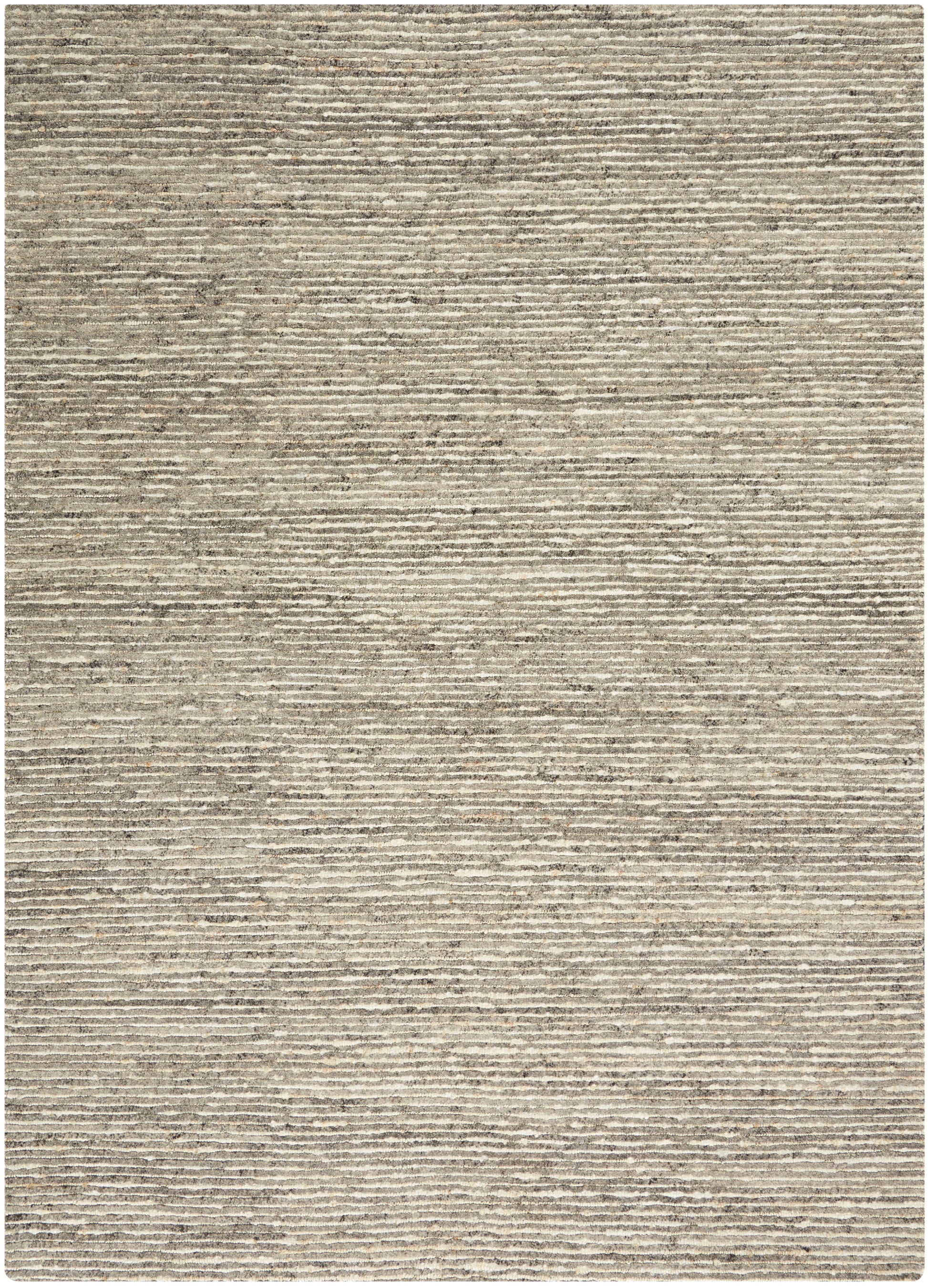 Beige-gray flat-weave rug with subtle horizontal stripes and soft, neutral tones.
