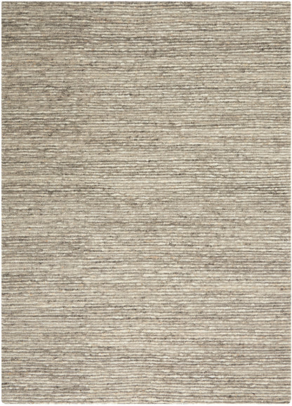Beige-gray flat-weave rug with subtle horizontal stripes and soft, neutral tones.