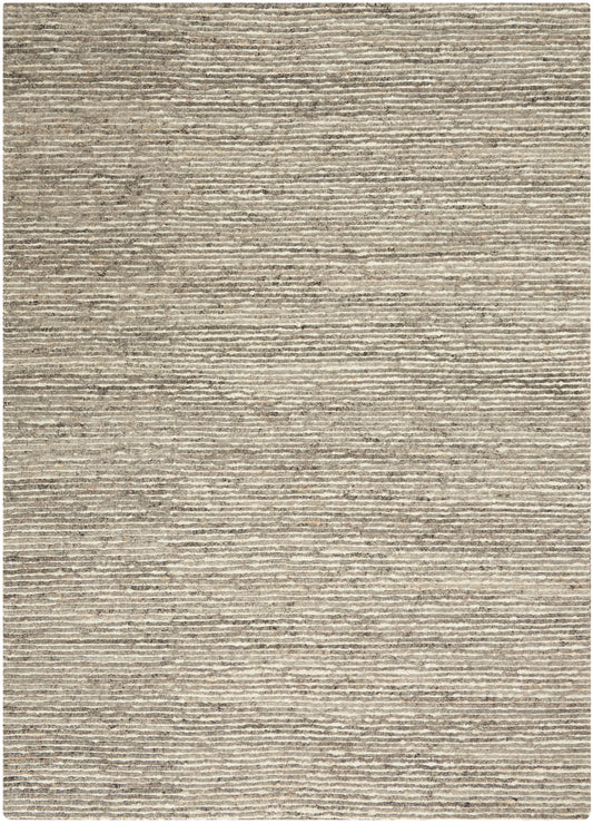 Beige-gray flat-weave rug with subtle horizontal stripes and soft, neutral tones.