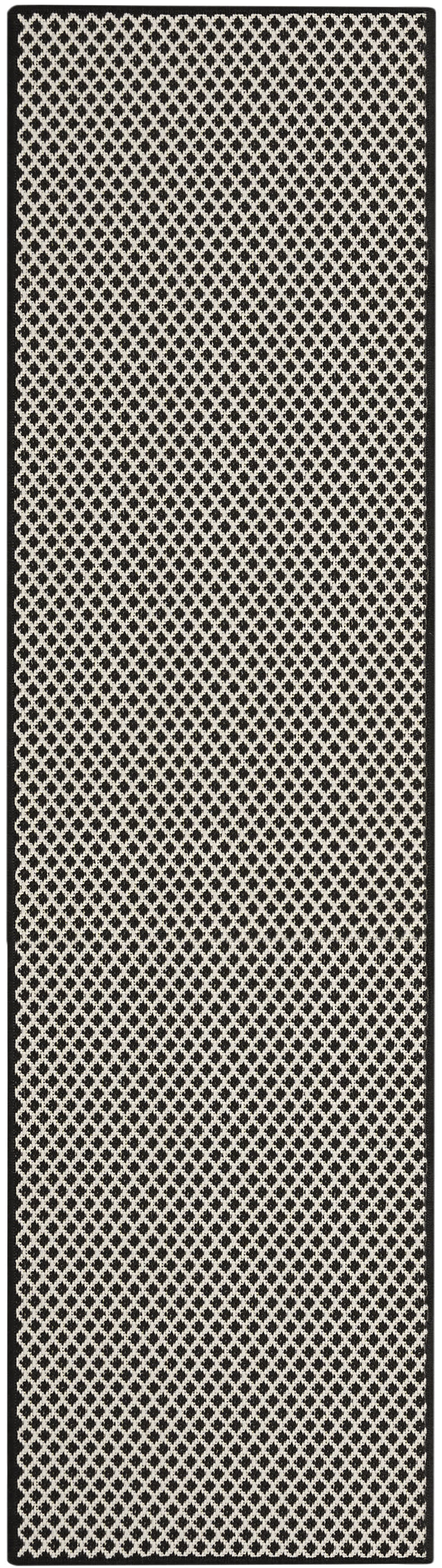Long rectangular runner rug in black and beige lattice diamond pattern with a slim border.