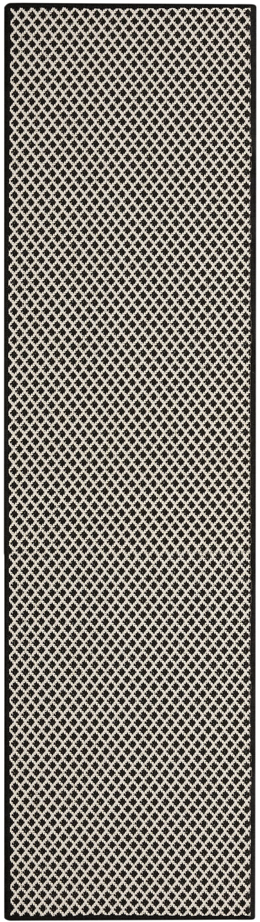 Long rectangular runner rug in black and beige lattice diamond pattern with a slim border.