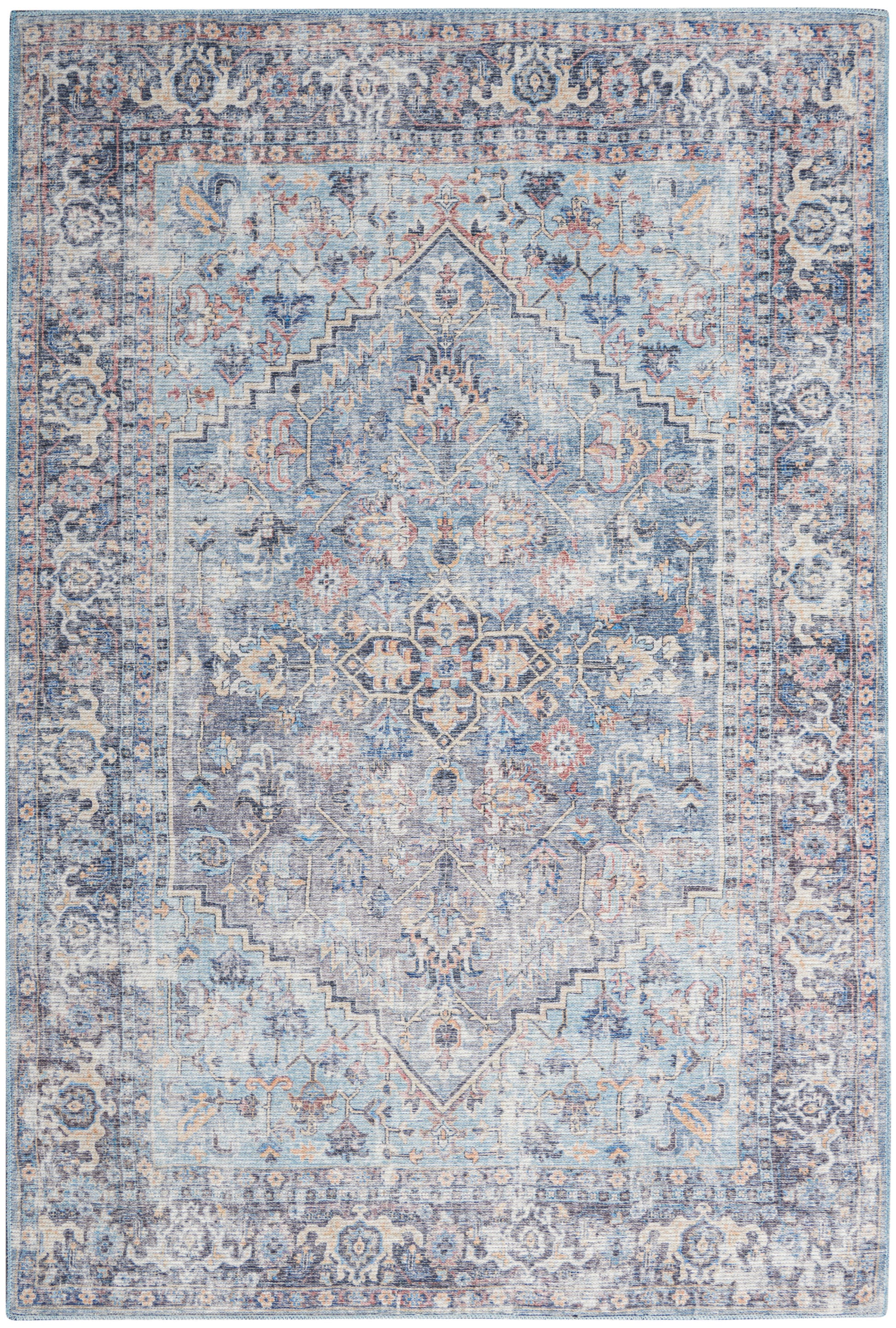 Muted blue distressed Persian-style area rug with central diamond medallion and ornate floral border.