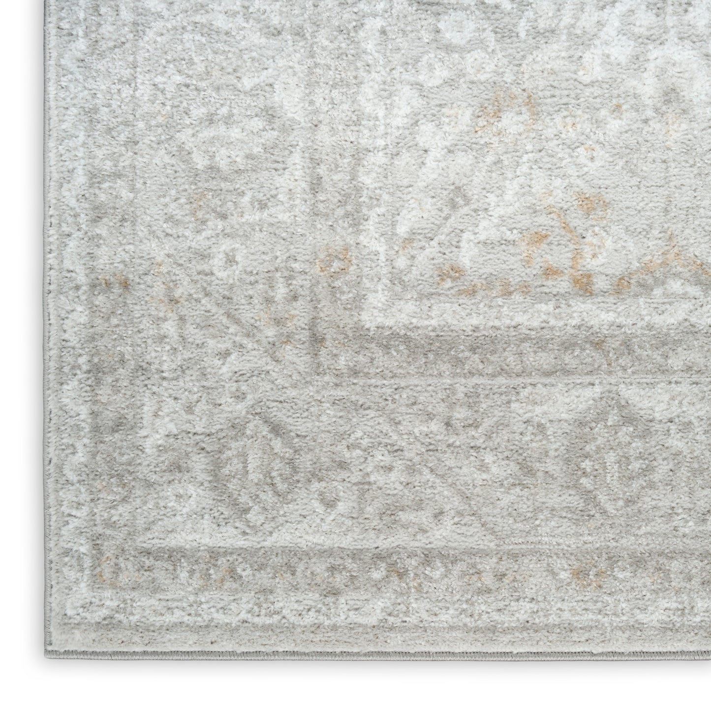 Light grey ivory distressed oriental rug with beige motifs, soft pile and vintage border pattern.