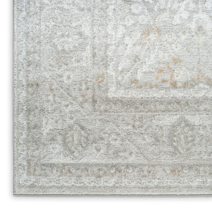Light grey ivory distressed oriental rug with beige motifs, soft pile and vintage border pattern.