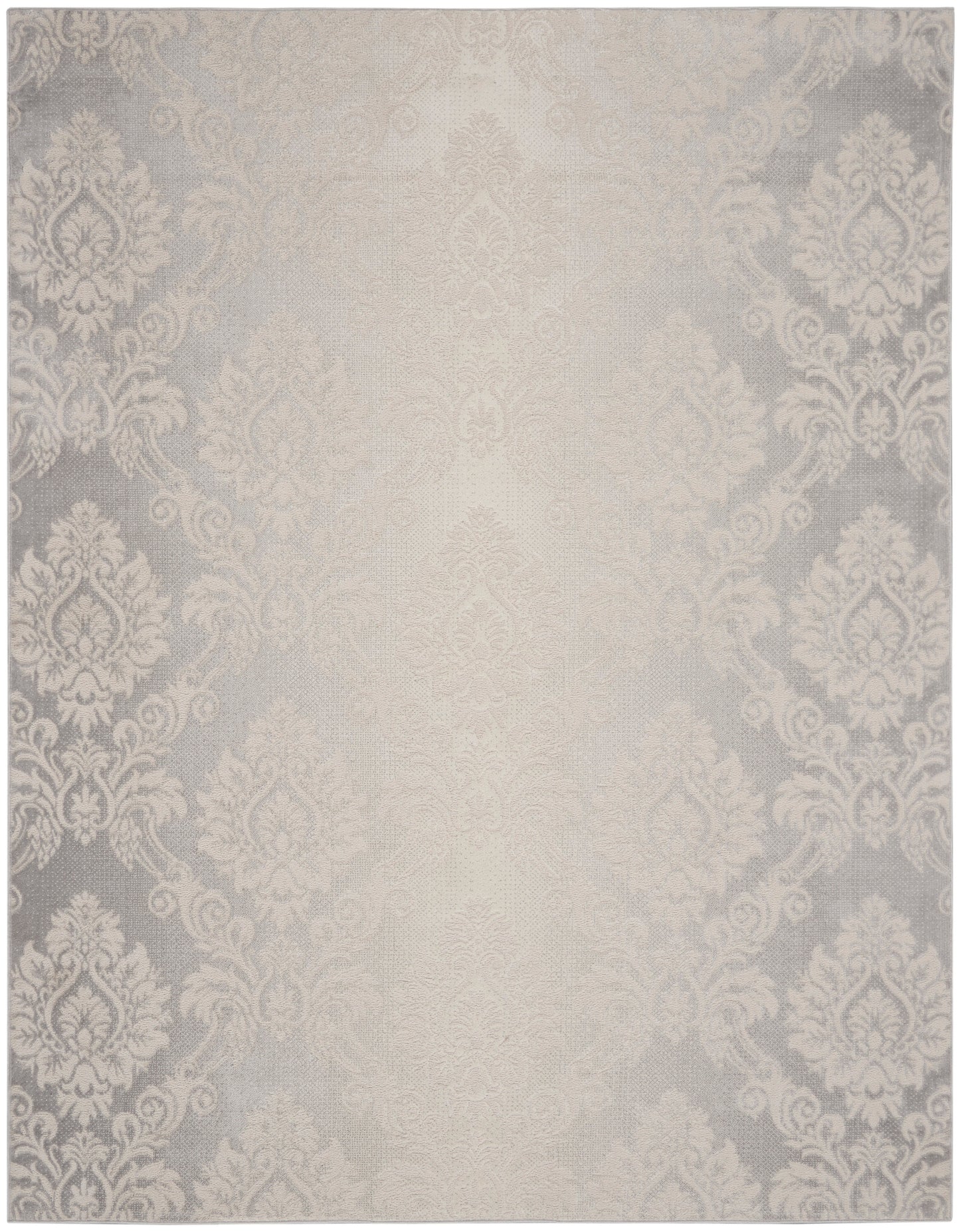 Neutral damask rug with cream center and gray damask border; soft decorative area rug.