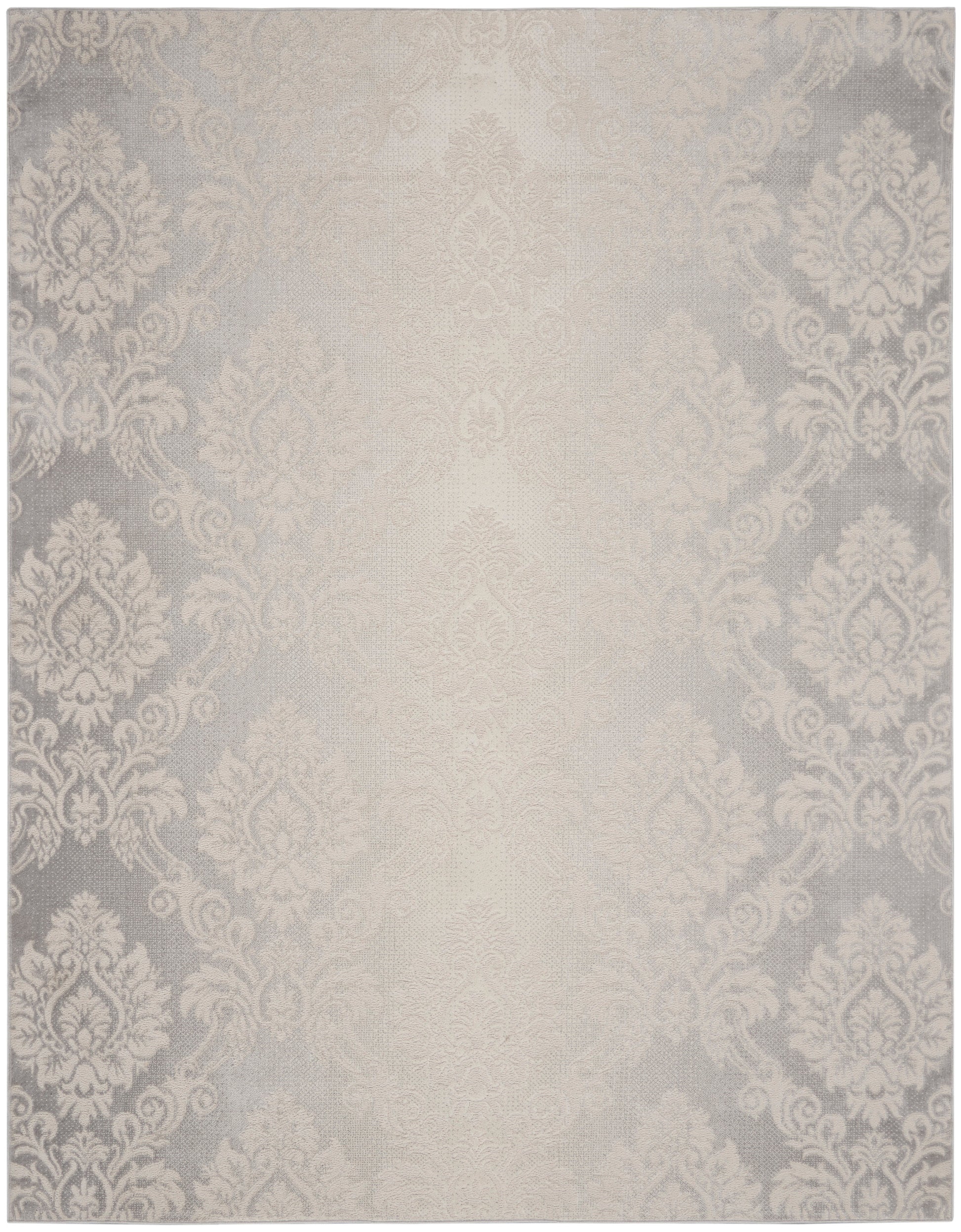 Neutral damask rug with cream center and gray damask border; soft decorative area rug.