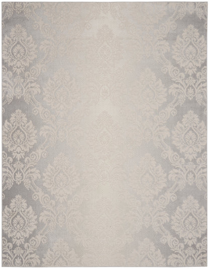 Neutral damask rug with cream center and gray damask border; soft decorative area rug.