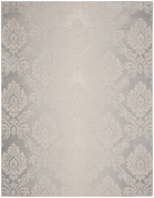 Neutral damask rug with cream center and gray damask border; soft decorative area rug.