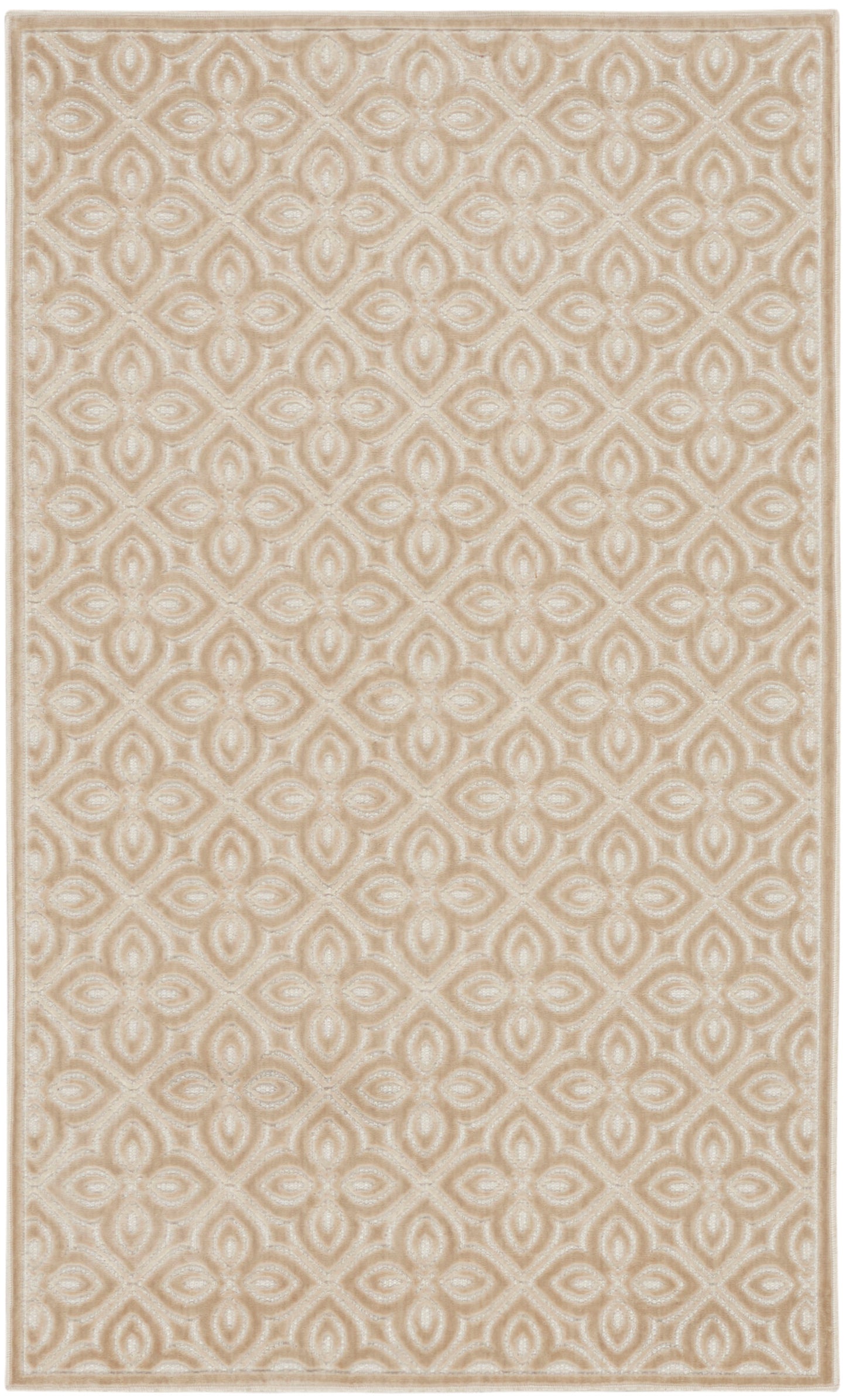 Beige and ivory rectangular rug with an interlocking diamond and quatrefoil pattern; woven texture, neutral decor.