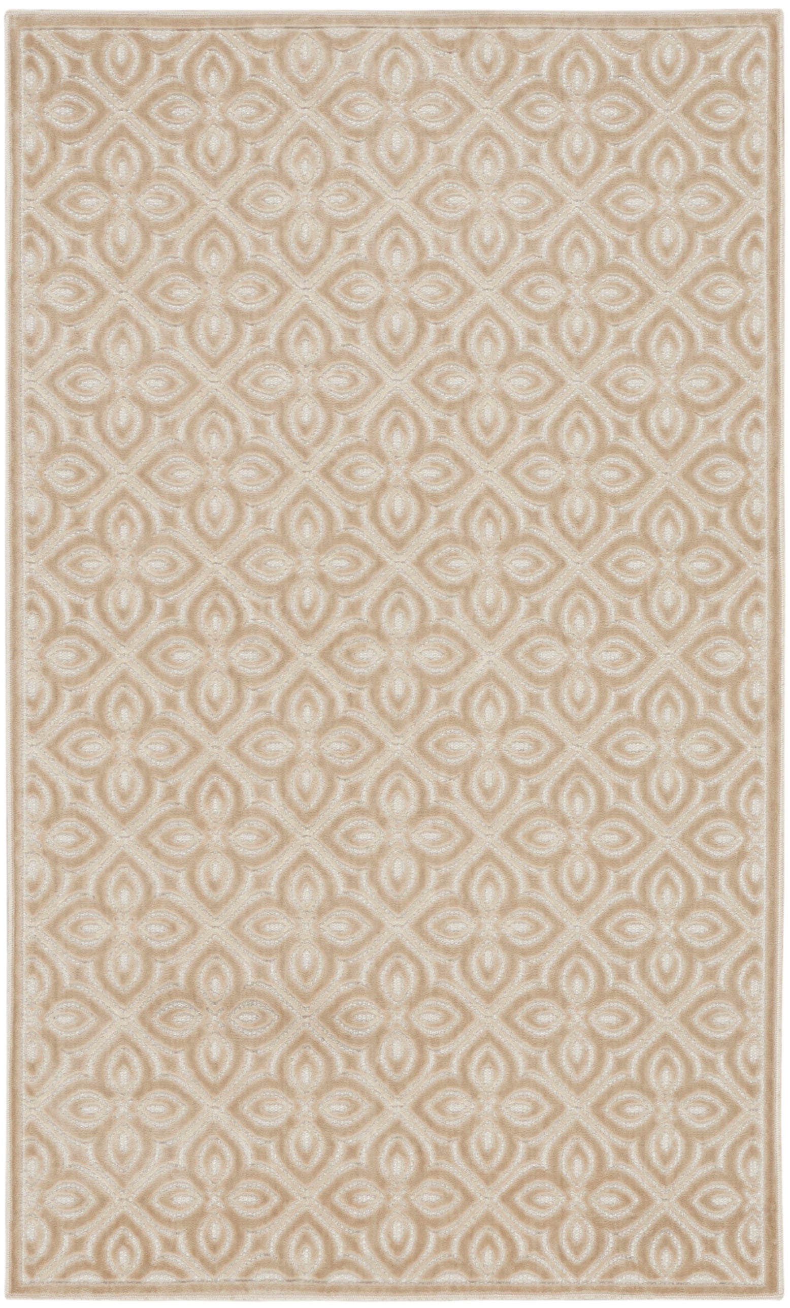 Beige and ivory rectangular rug with an interlocking diamond and quatrefoil pattern; woven texture, neutral decor.