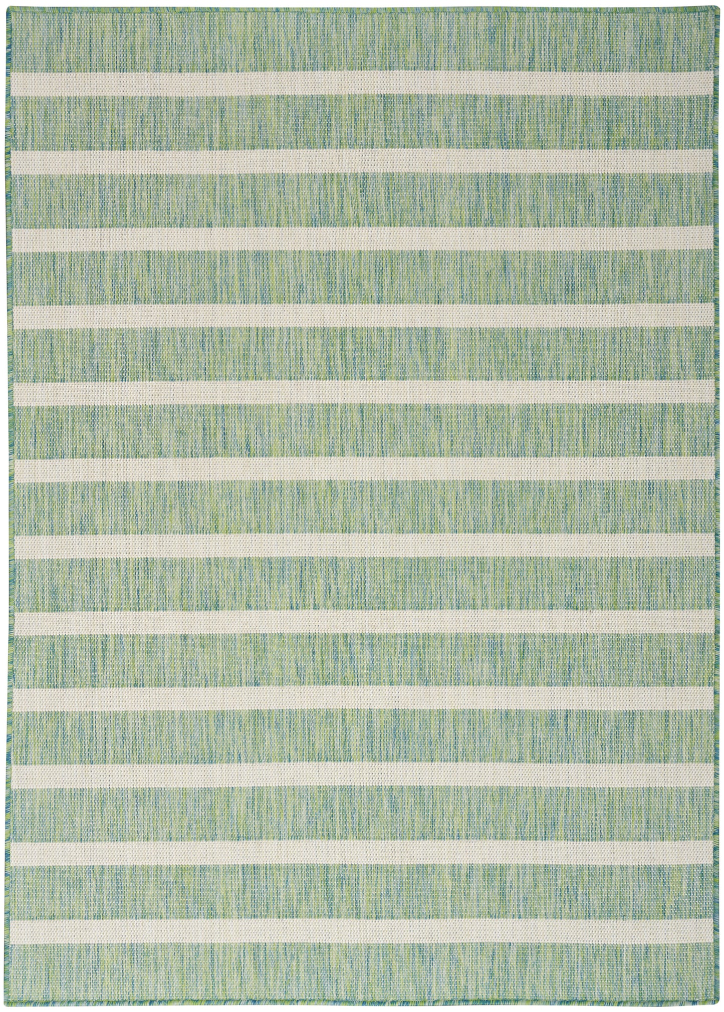 Woven rug with mint-green to teal background and wide white horizontal stripes.