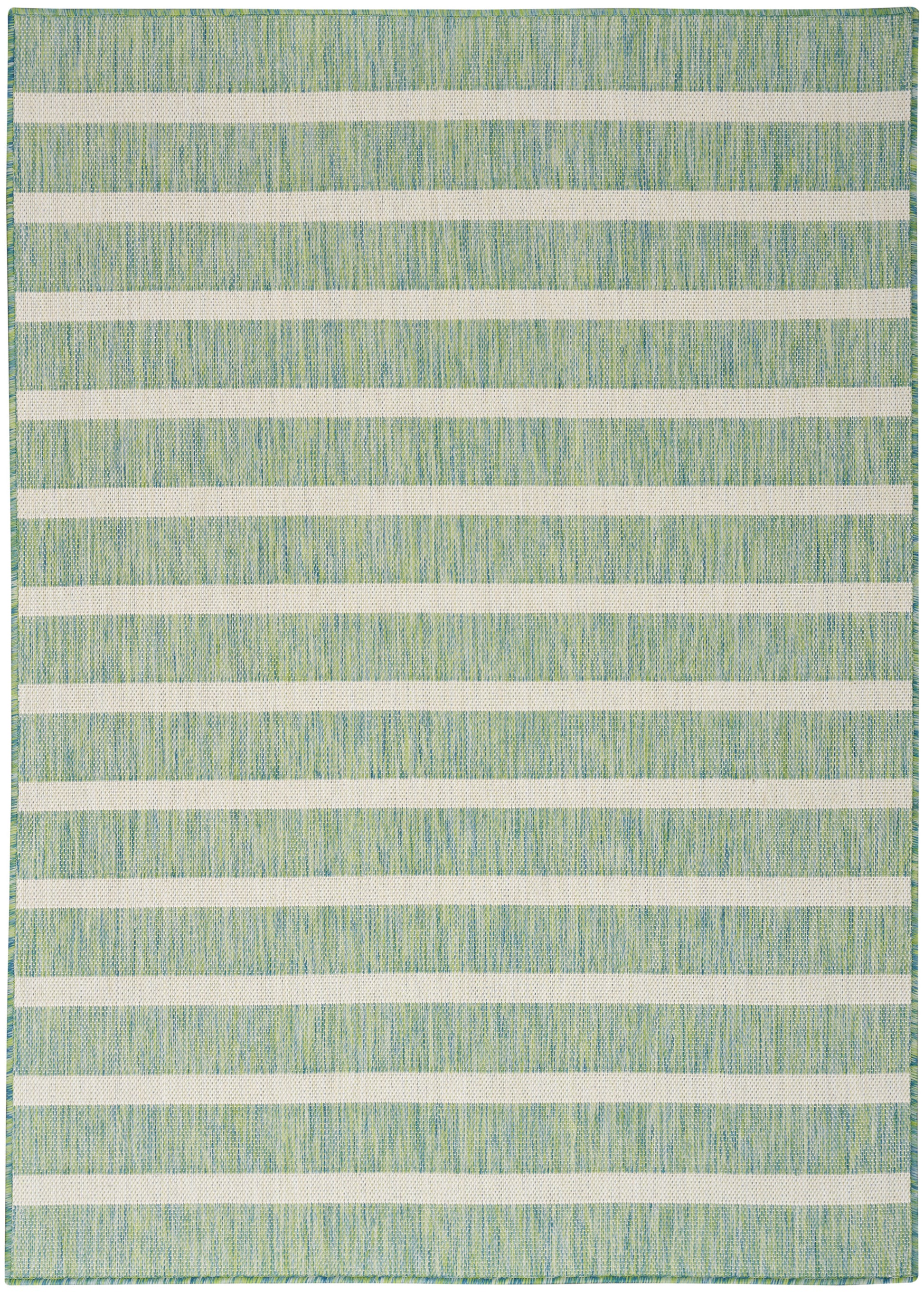 Woven rug with mint-green to teal background and wide white horizontal stripes.