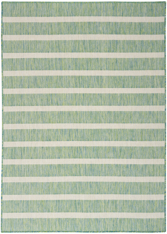 Woven rug with mint-green to teal background and wide white horizontal stripes.