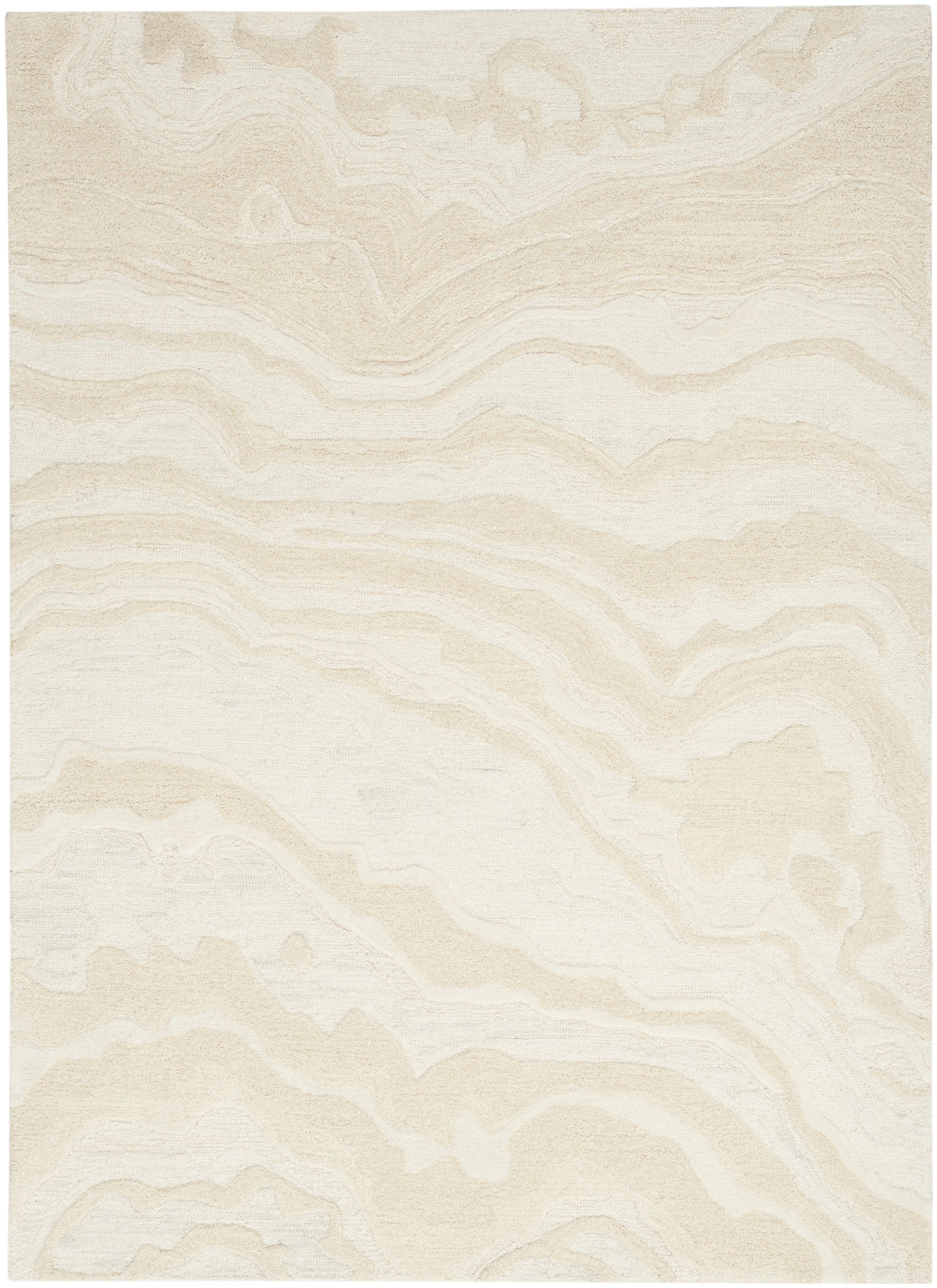 Rectangular beige rug with cream marbled swirls, abstract minimal pattern, soft textured pile for living room.