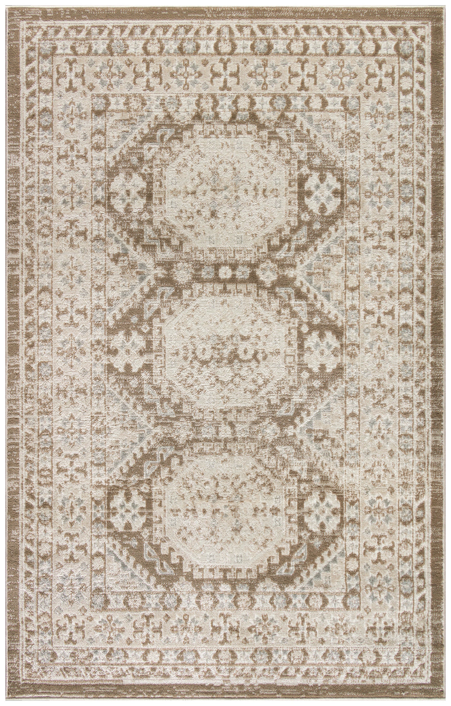 Neutral beige taupe oriental rug with three central medallions, ornate border, distressed vintage look.