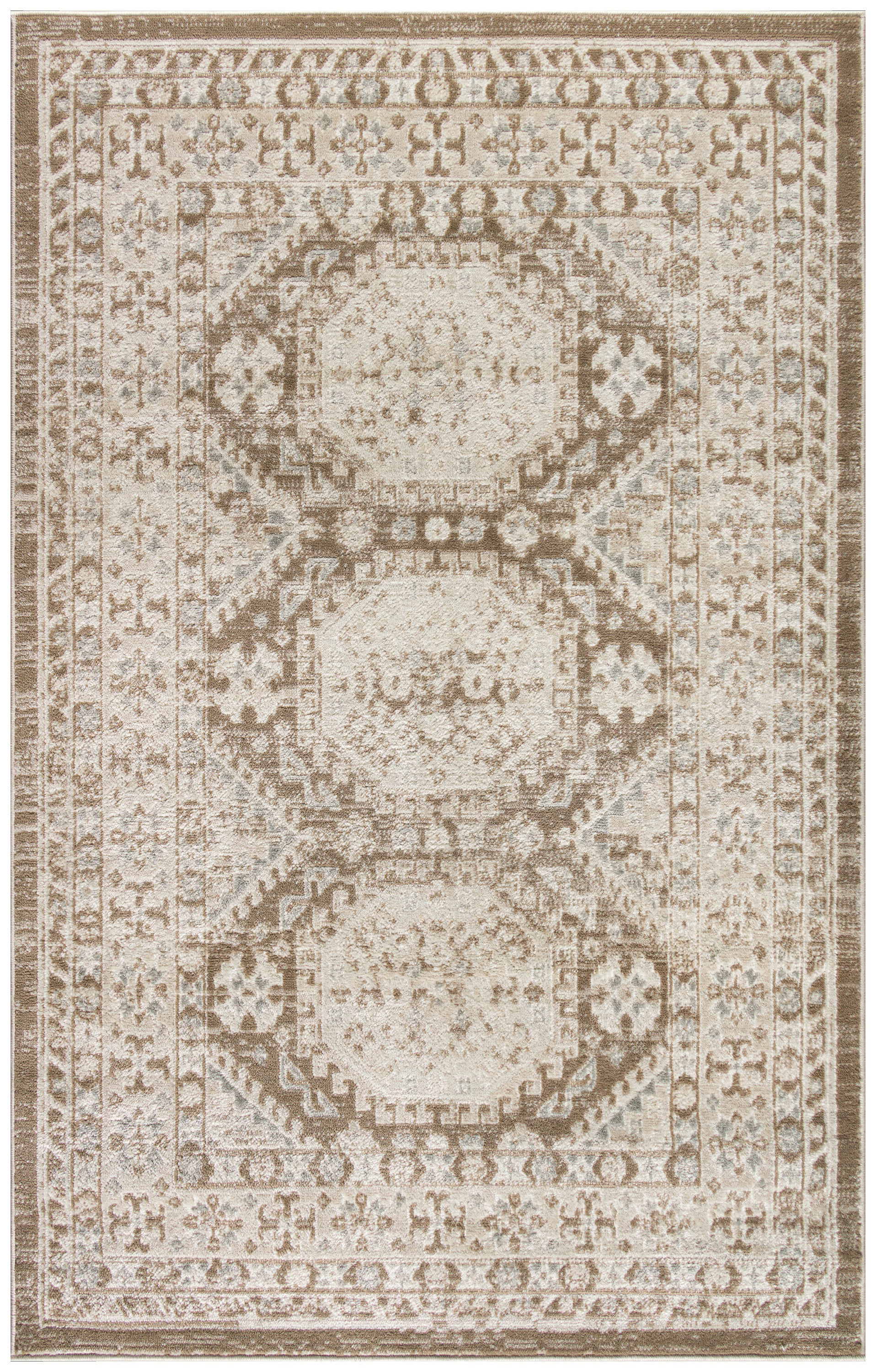 Neutral beige taupe oriental rug with three central medallions, ornate border, distressed vintage look.