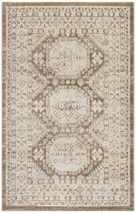Neutral beige taupe oriental rug with three central medallions, ornate border, distressed vintage look.