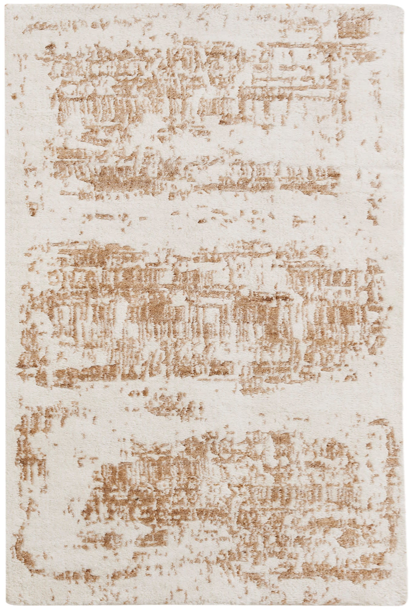 Beige abstract area rug with tan textured blocks on cream background, modern living room floor decor.