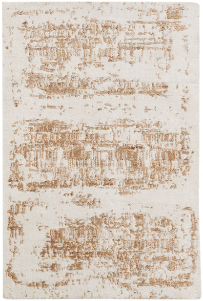 Beige abstract area rug with tan textured blocks on cream background, modern living room floor decor.