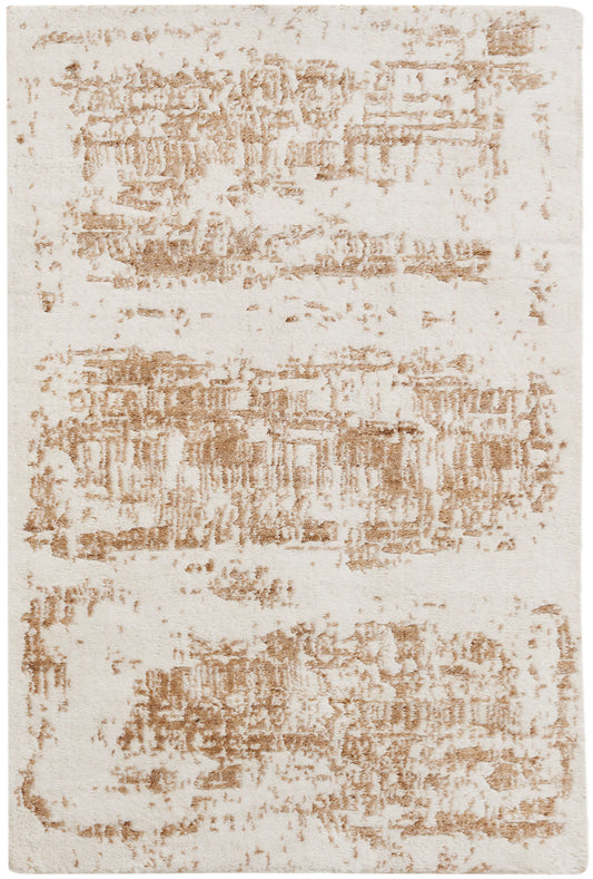 Beige abstract area rug with tan textured blocks on cream background, modern living room floor decor.
