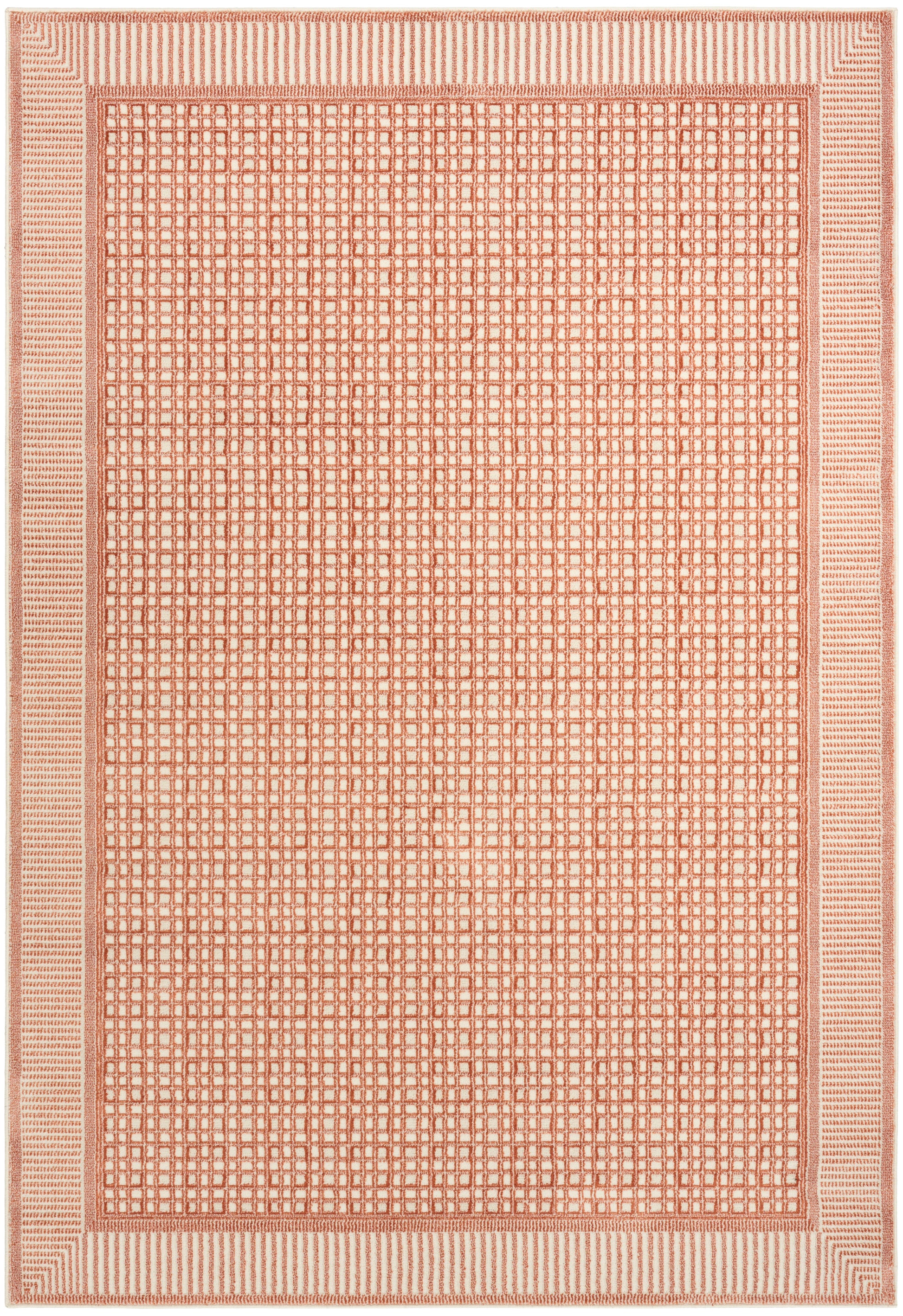Coral-pink flatweave rug with micro square grid pattern and striped border.