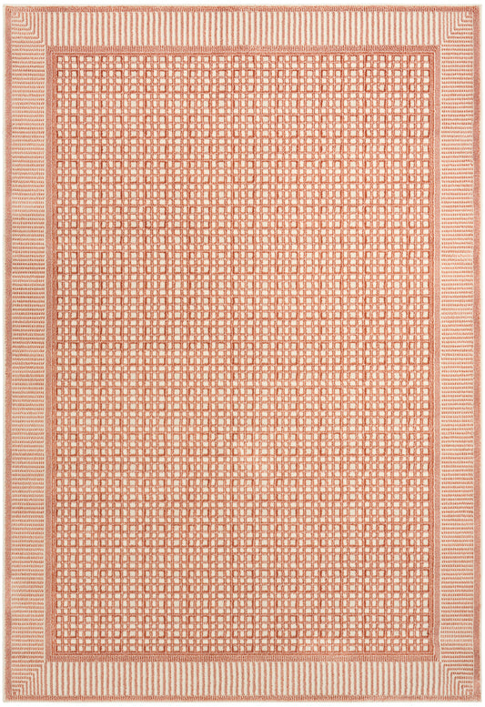 Coral-pink flatweave rug with micro square grid pattern and striped border.