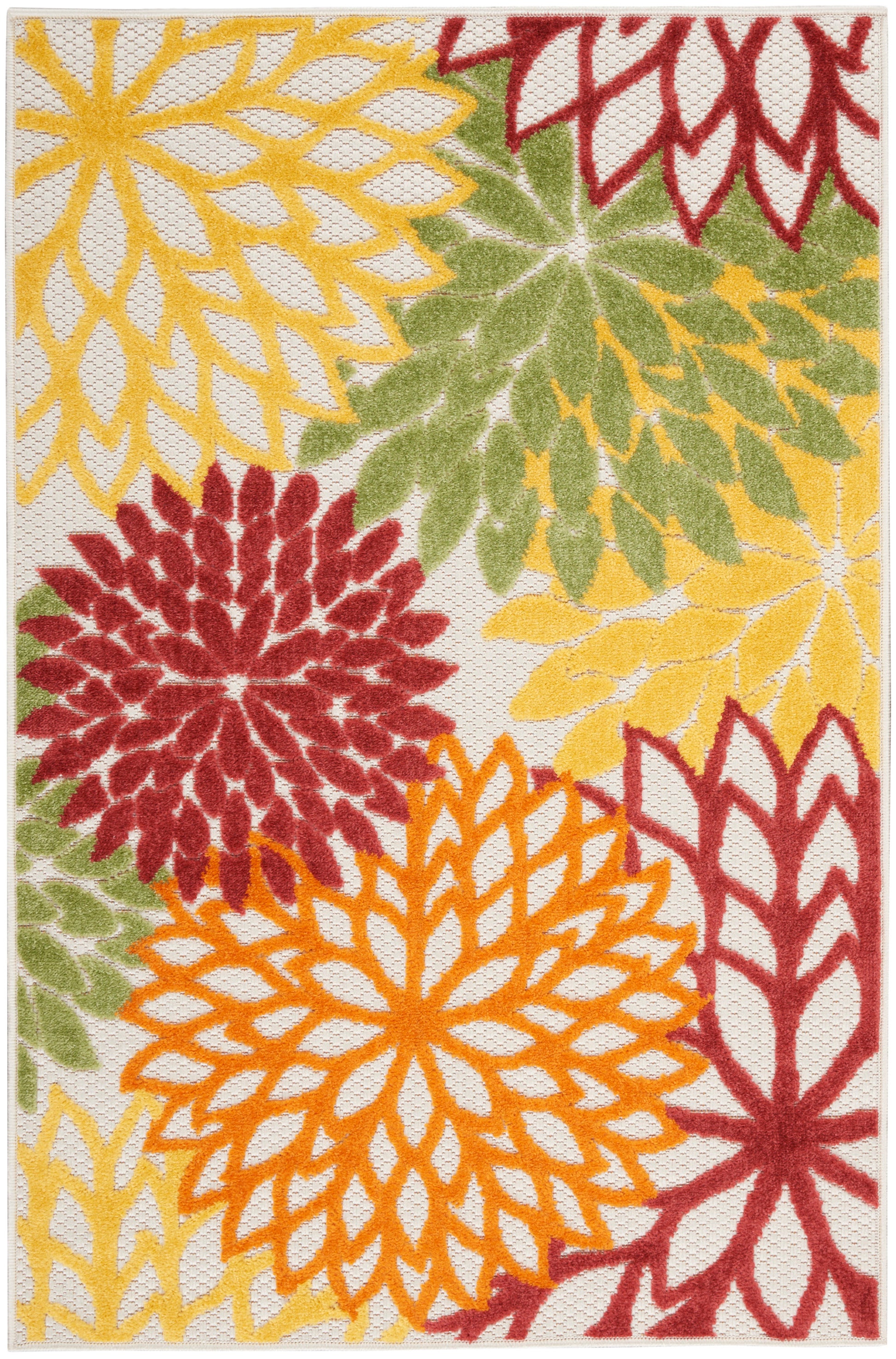 Vibrant floral rug featuring large dahlia-like blooms in yellow, orange, red and green on a beige background.