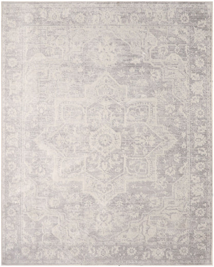 Light gray distressed area rug with faded traditional medallion and floral border; neutral, rectangular.