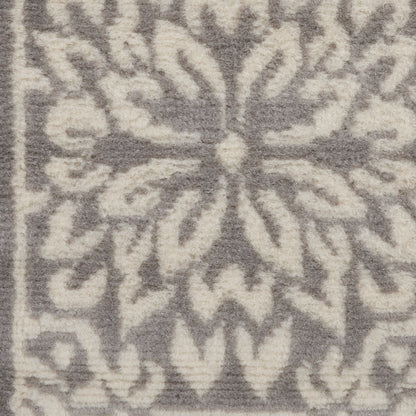 Cream and grey ornate floral snowflake runner rug with plush woven texture for modern traditional decor