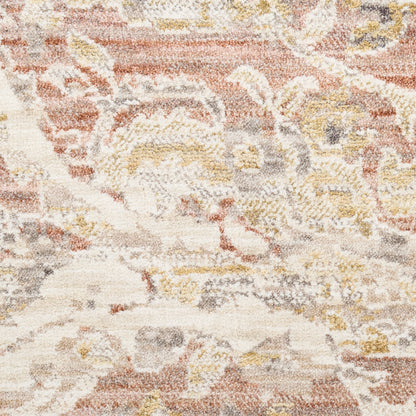 Distressed vintage-style area rug in ivory, blush pink, mustard and gray with abstract floral pattern
