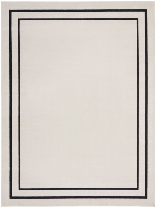 Beige rectangular rug with double black border frames inset from edges, minimalist geometric design.
