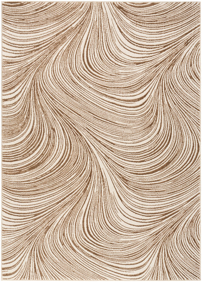Beige rug with organic brown swirl pattern; flowing marbled lines for a modern abstract living room accent.