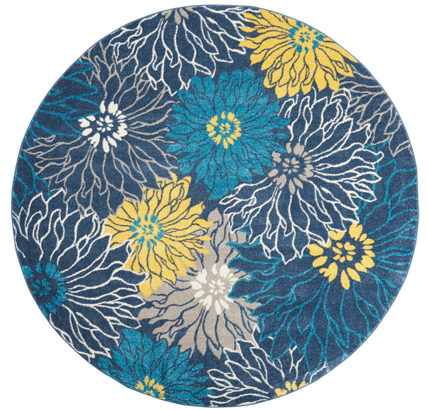 Round floral area rug with teal yellow and white blossoms on a navy blue background.