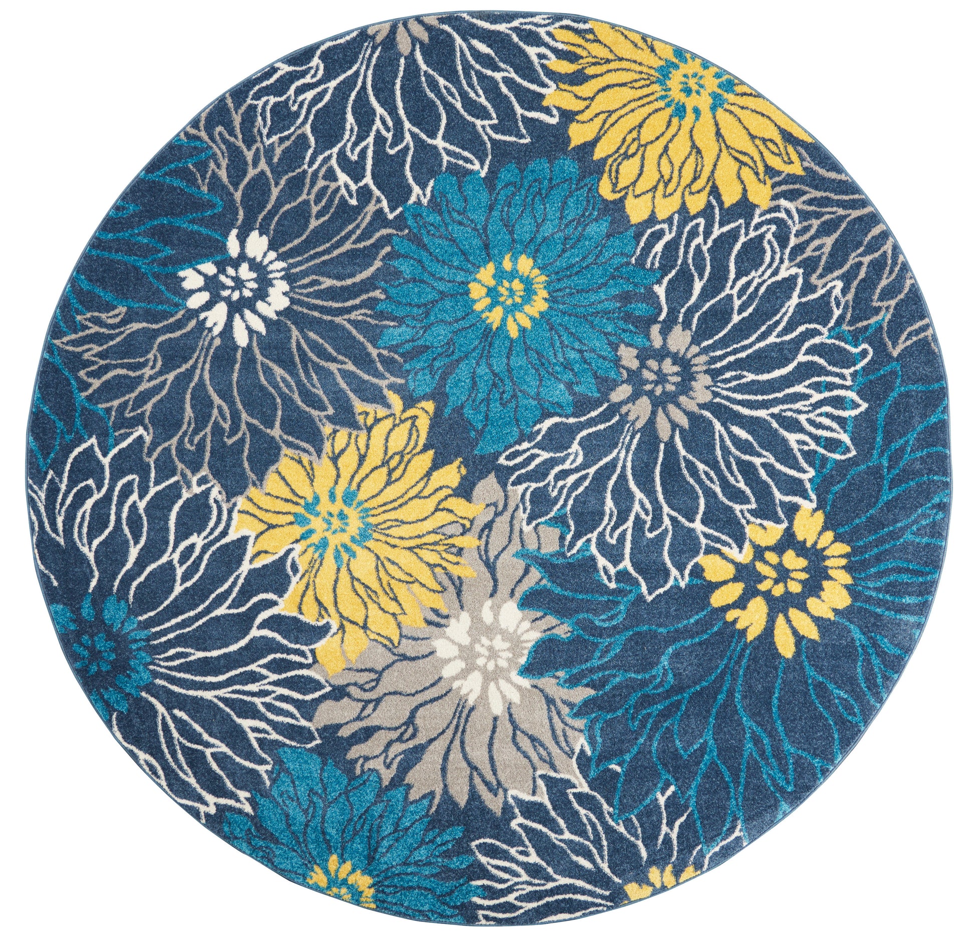 Round floral area rug with teal yellow and white blossoms on a navy blue background.