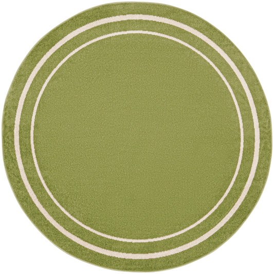 Round olive green rug with cream concentric rings and a textured surface for modern living room decor.