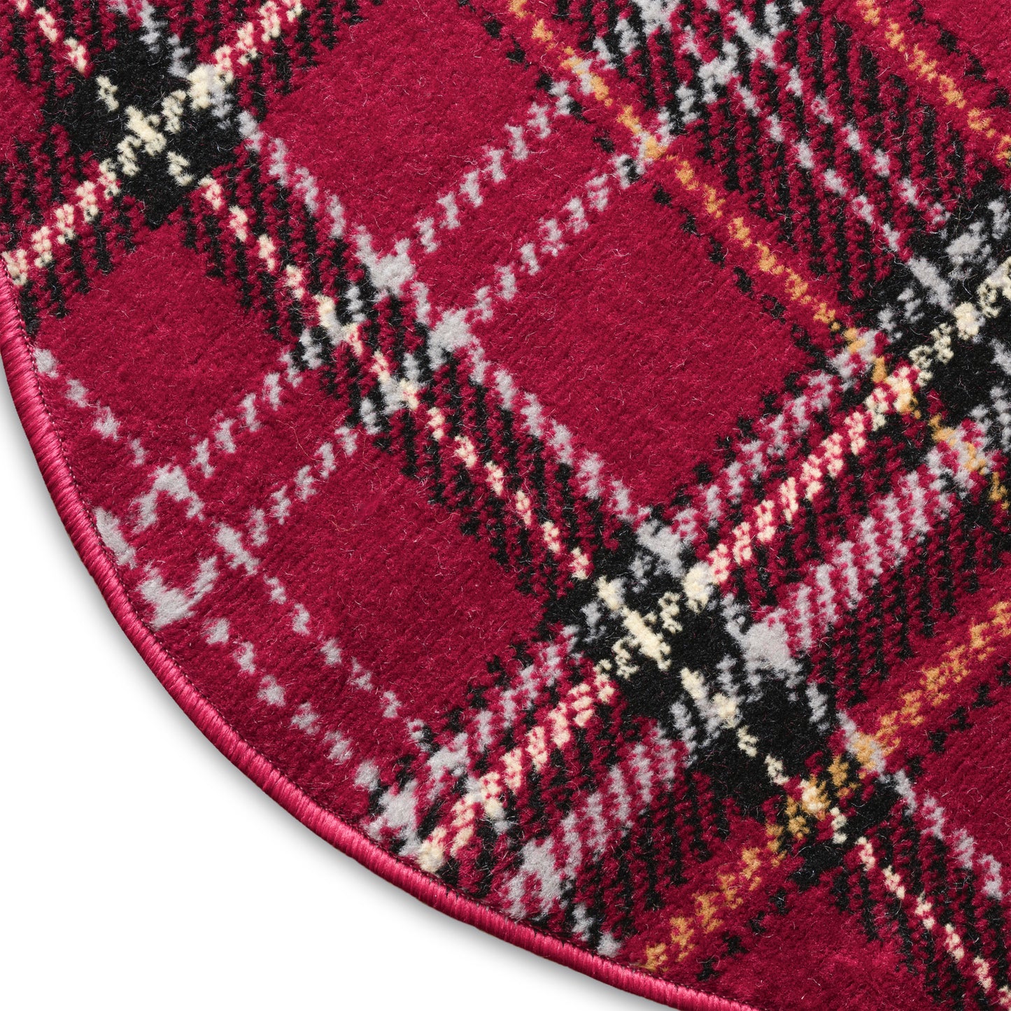 Soft magenta plaid wool-blend throw rug with black, white & gold lines; curved pink edge binding.