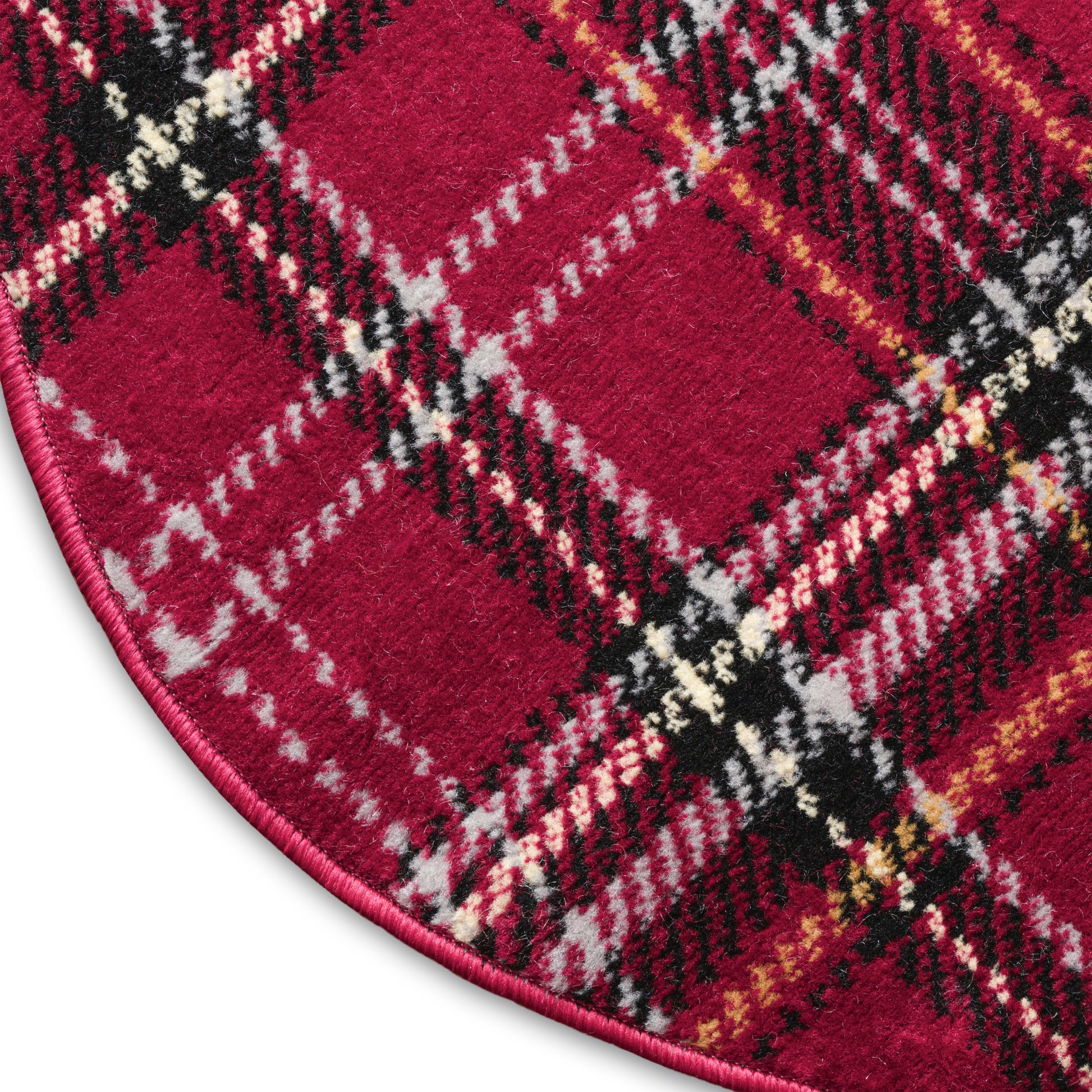 Soft magenta plaid wool-blend throw rug with black, white & gold lines; curved pink edge binding.