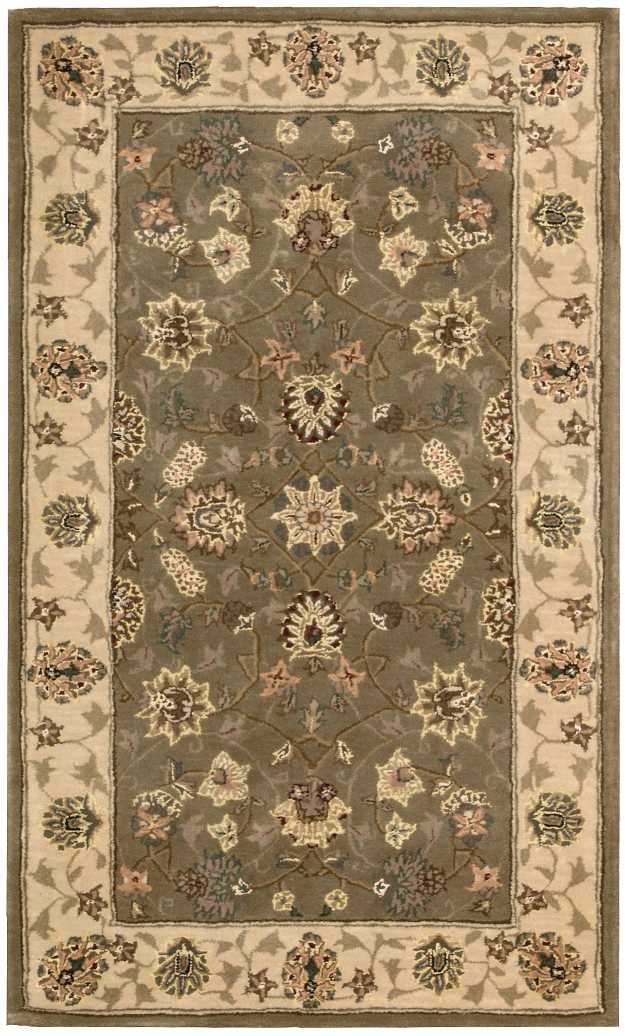 Rectangular traditional Persian-style area rug with taupe-gray field, ivory border and multicolored floral motifs.