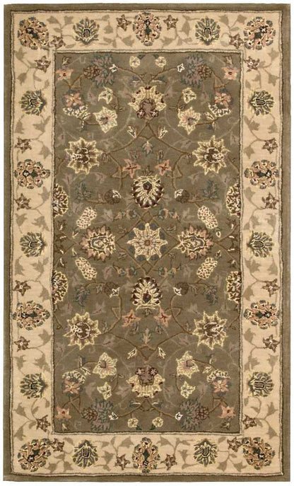 Rectangular traditional Persian-style area rug with taupe-gray field, ivory border and multicolored floral motifs.
