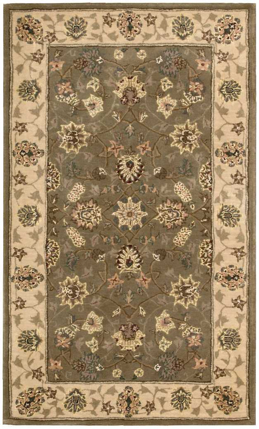 Rectangular traditional Persian-style area rug with taupe-gray field, ivory border and multicolored floral motifs.