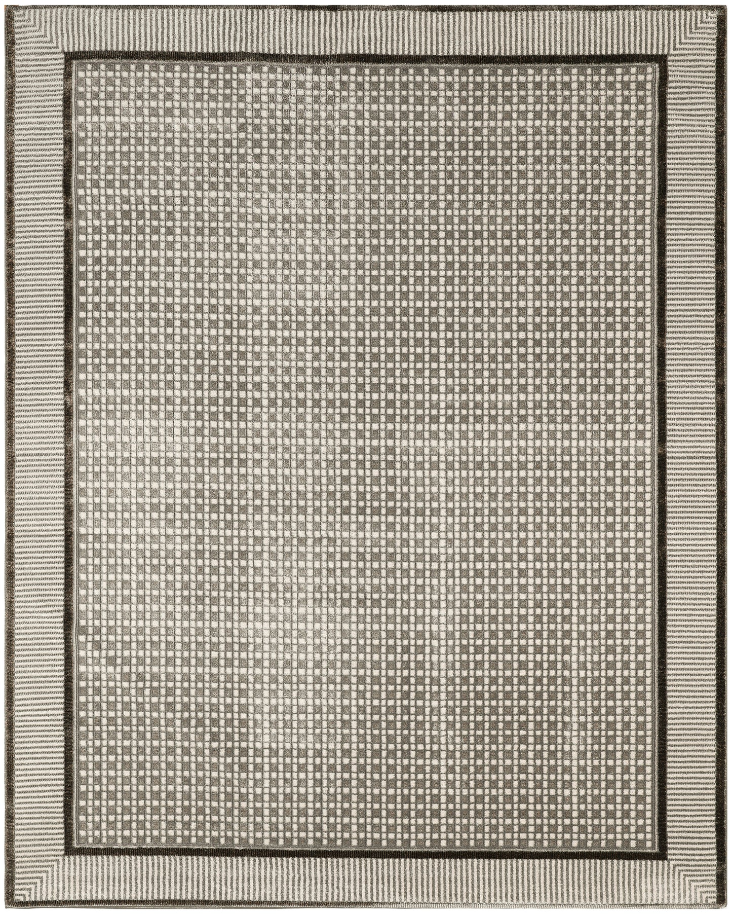 Gray and beige rectangular woven rug with a tight checkerboard center and striped outer border.