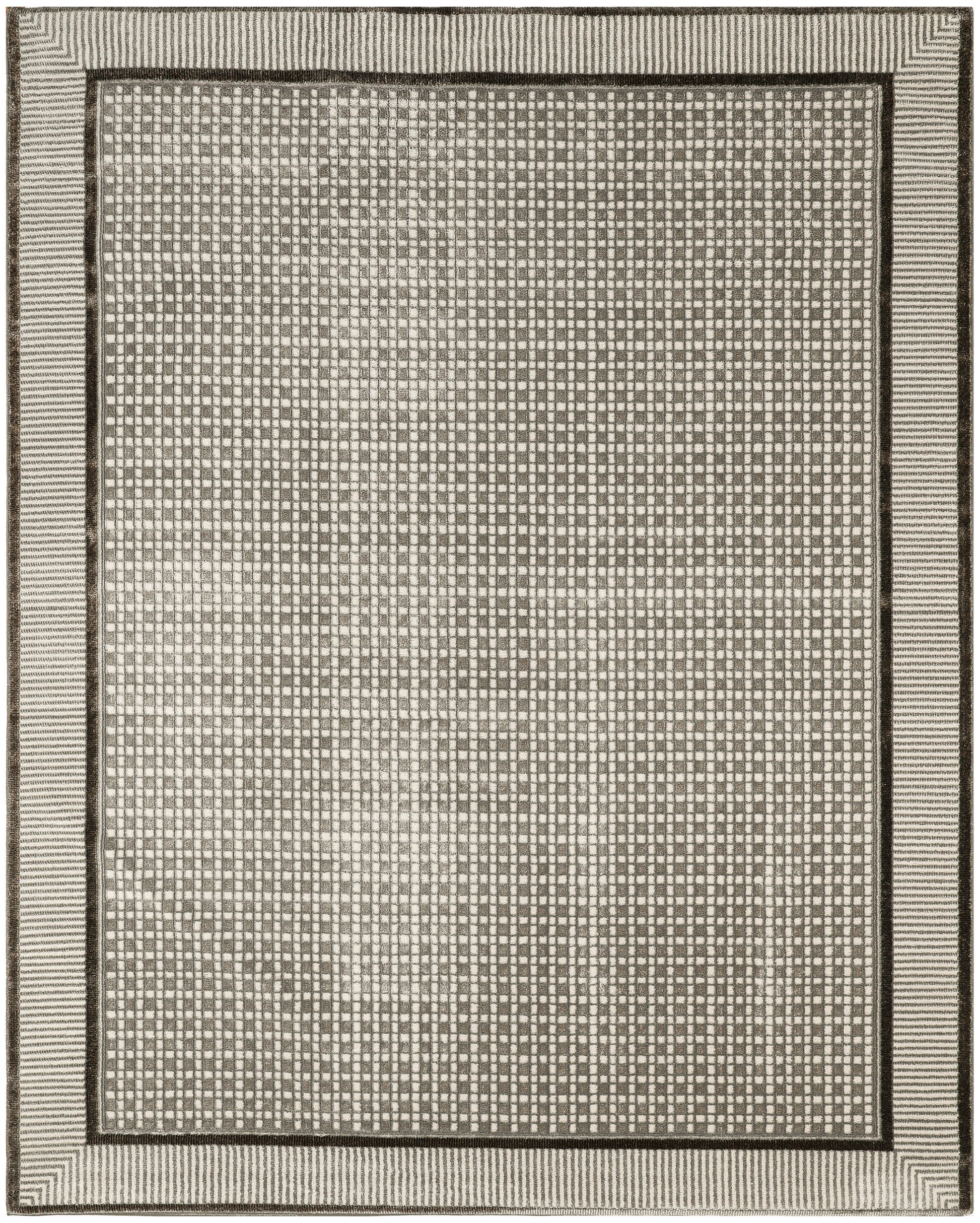 Gray and beige rectangular woven rug with a tight checkerboard center and striped outer border.